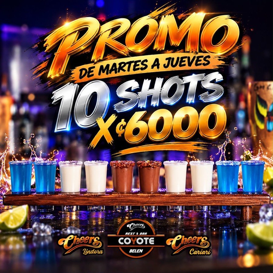 Promo de martes a jueves: 10 shots por ₡6.000 en Cheers Lindora, Coyote Belén y Cariari