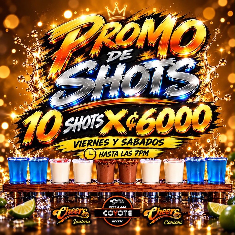Promo de shots viernes y sábados hasta las 7pm: 10 shots por ₡6.000 en Cheers Lindora, Coyote Belén y Cariari